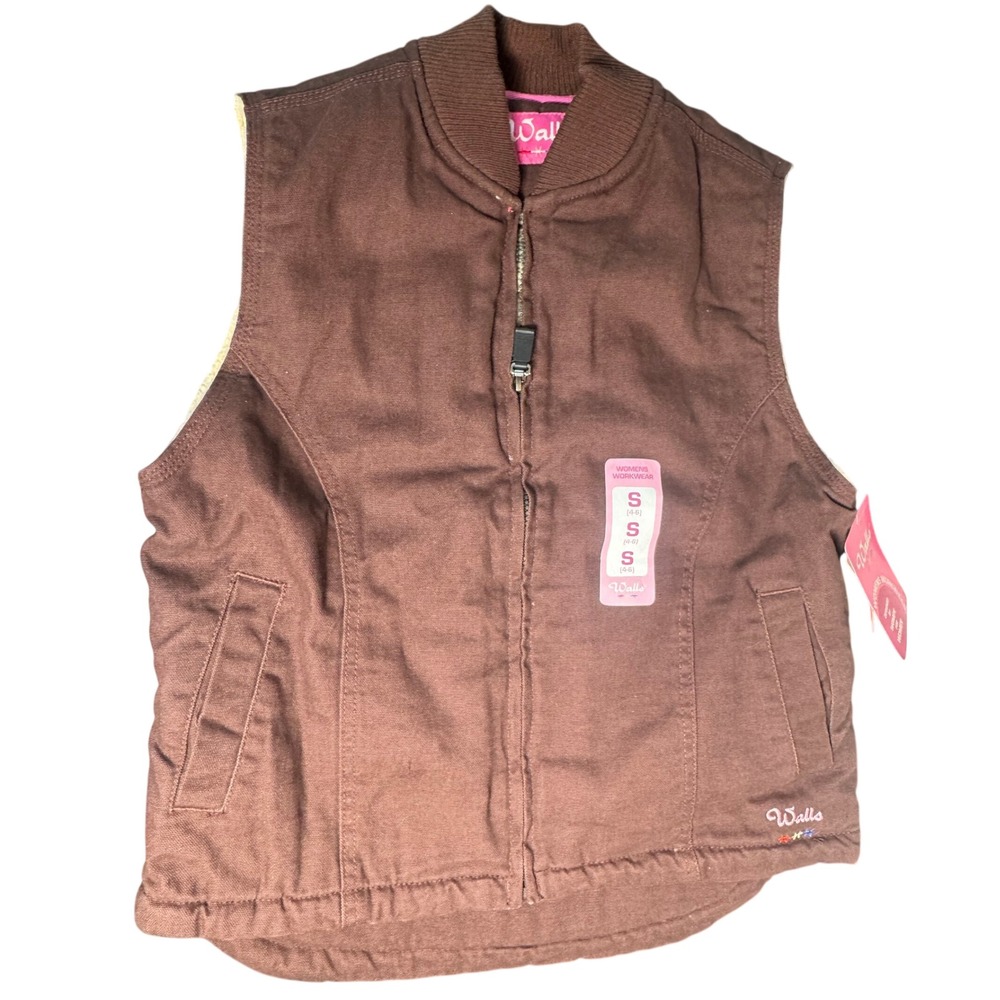 Walls Womens Brown Cotton Canvas Faux Shearling Lined Workwear Vest Small NEW